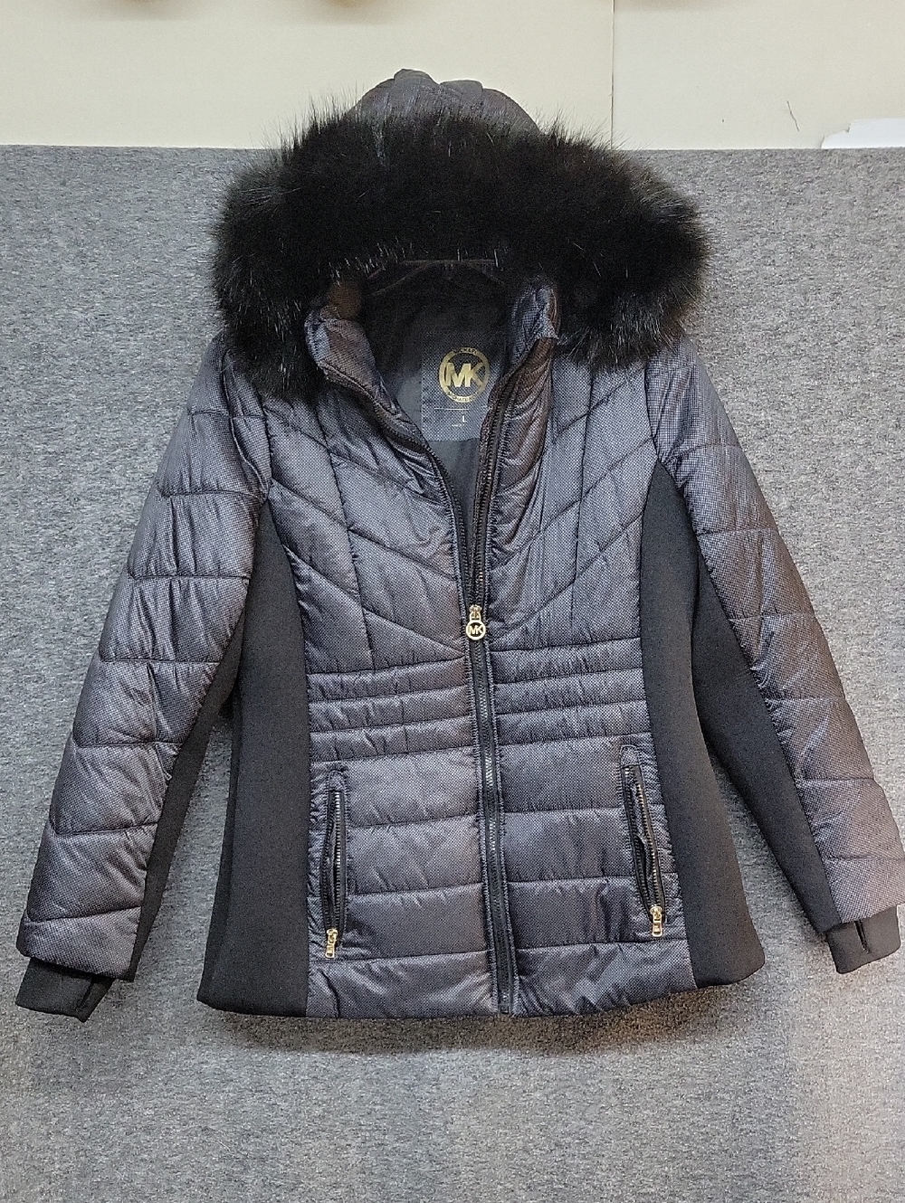 Michael Kors Black Winter Puffer Coat With Faux Fur Zip Off Hood Womens Size L